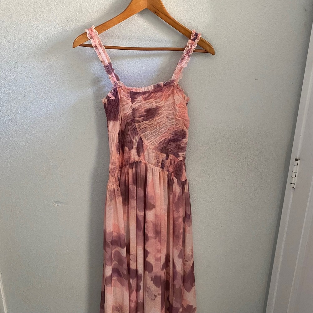 Free People Mesh Midi Dress Soft Pink Purple Watercolor Smocked Feminine Fairy - Picture 2 of 14